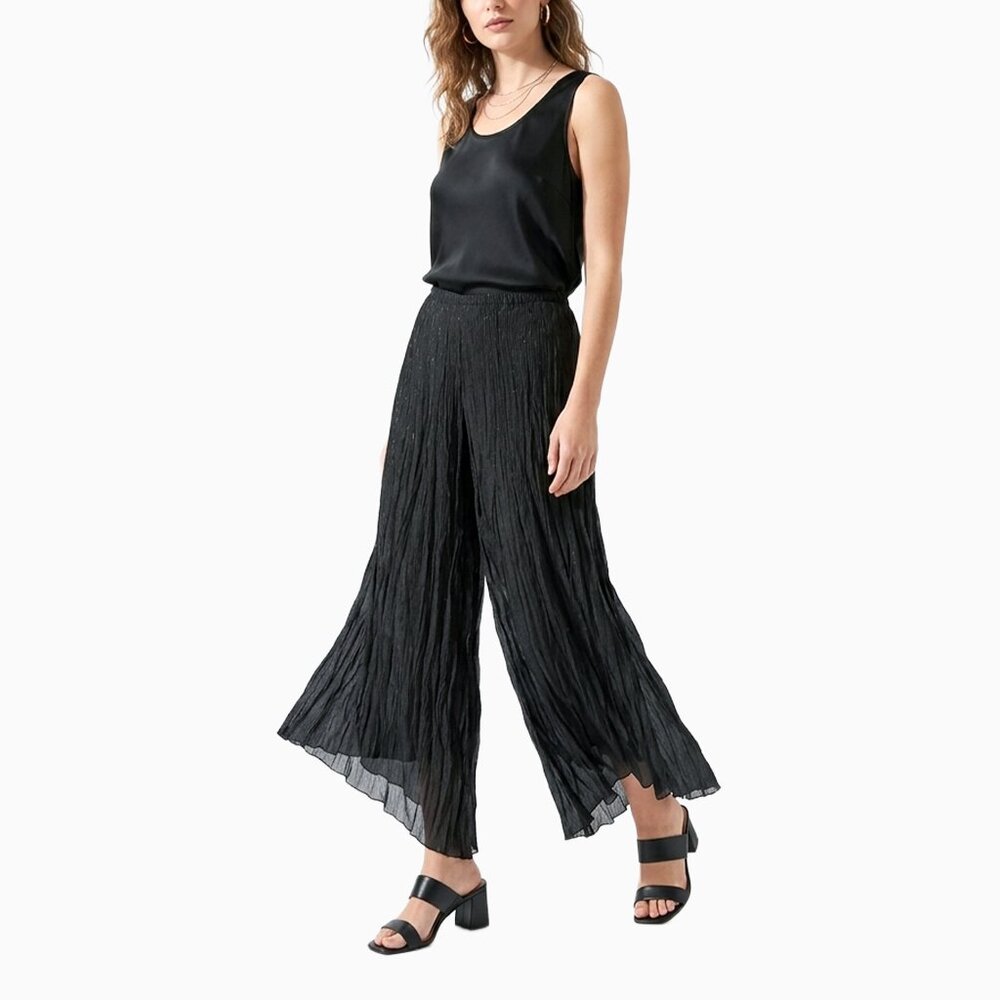Vtg Mandee Metallic Plissé Pants S Wide-Leg Pleated Black Sheer Flowy Y2K Hippie